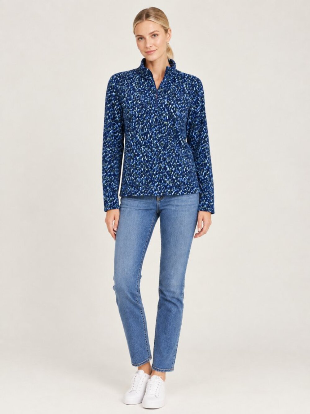 2/$30 Lands' End Abstract Print Quarter Zip Sweatshirt Navy Small #A4809